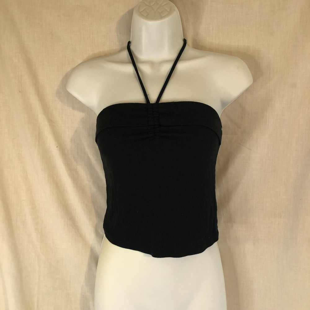 Wild Fable Women's Black Ribbed Halter-Style Bandeau tie-back top XS Y2K